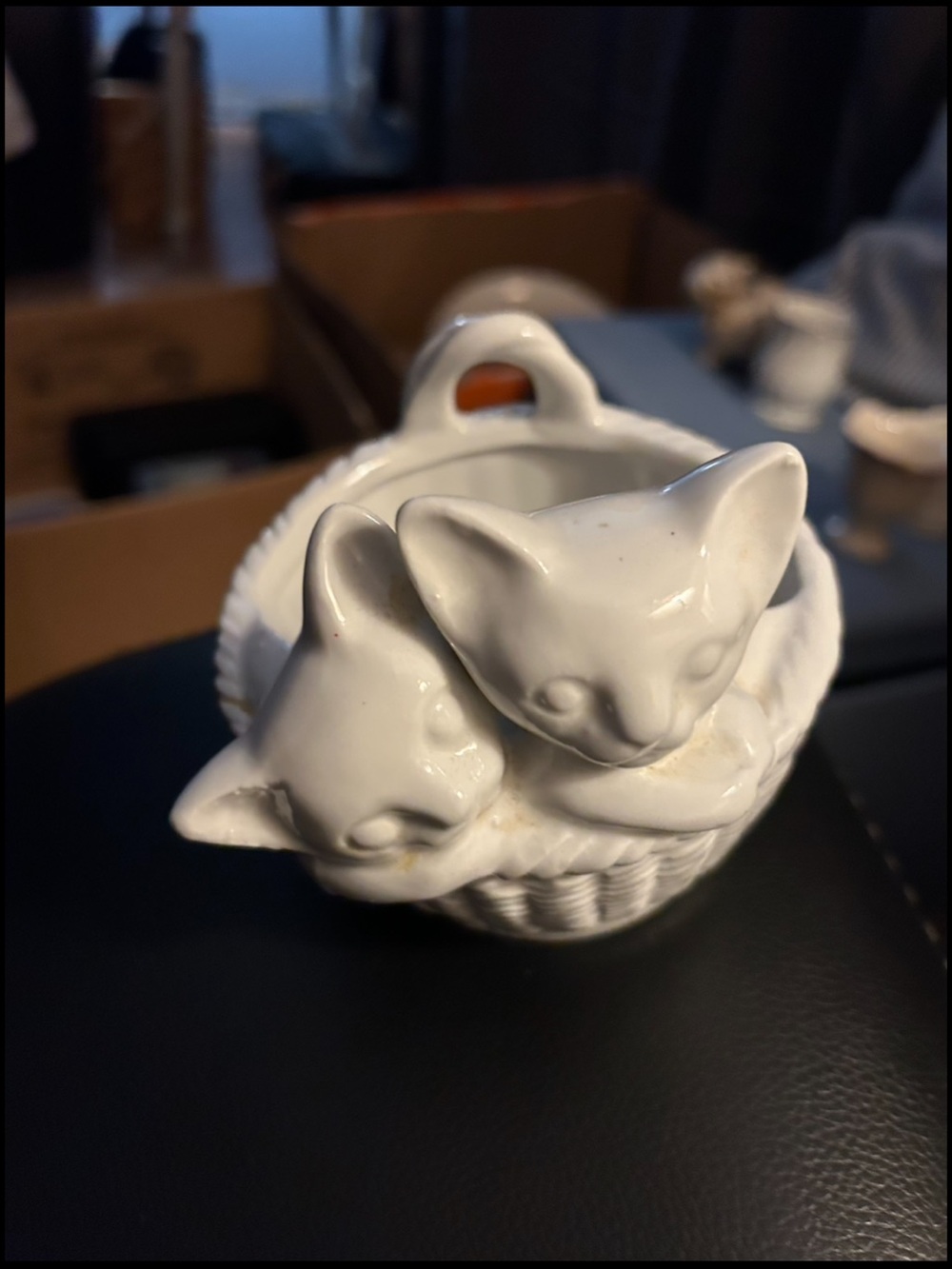 White Ceramic Kitty Basket Figurine